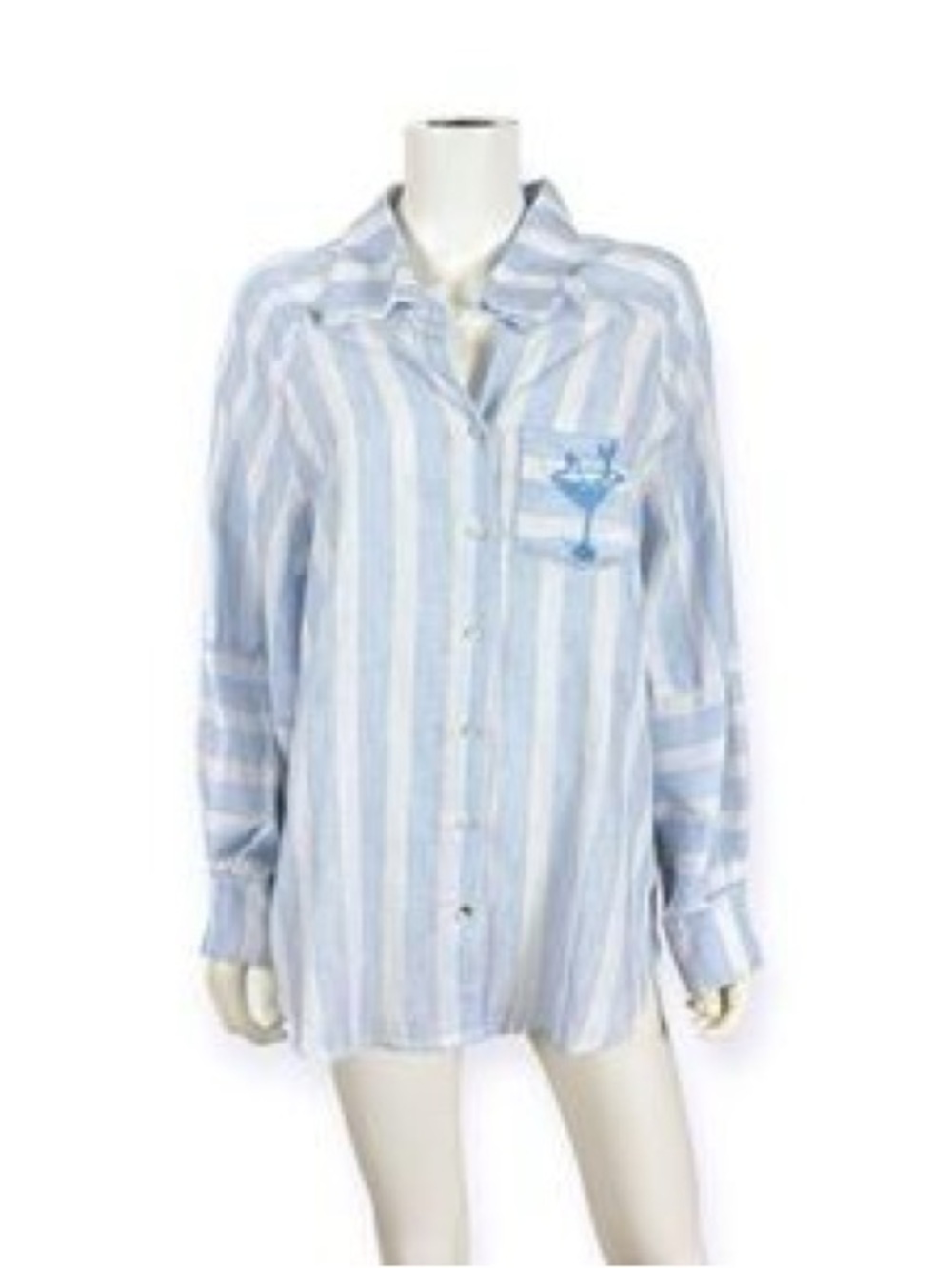 Heroes & Dreamers Blue White Striped Button Up Embroidery Mermaid Oversized Sz L